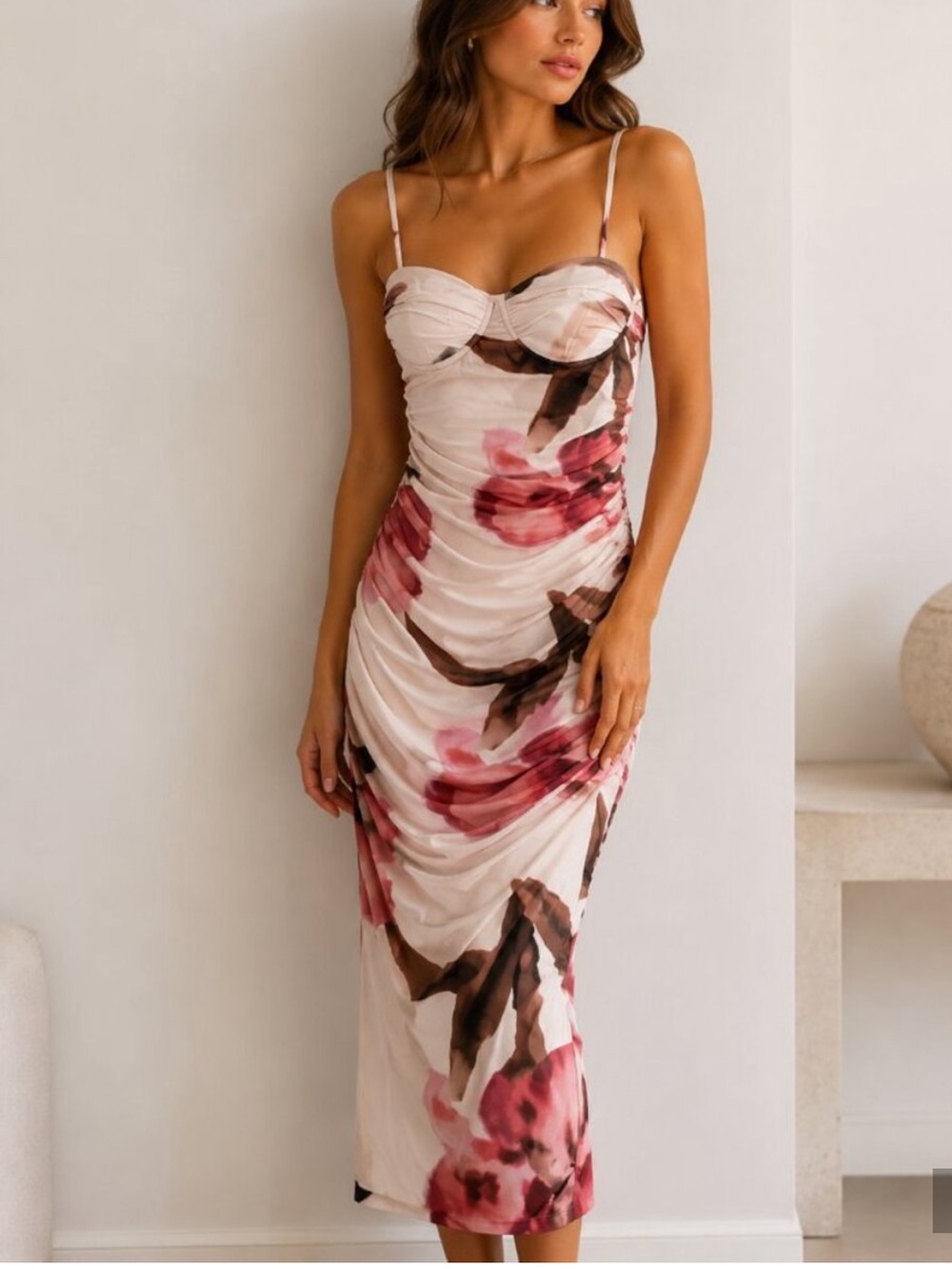 Dynamite Cream Midi Mesh Dress with Pink Floral Print